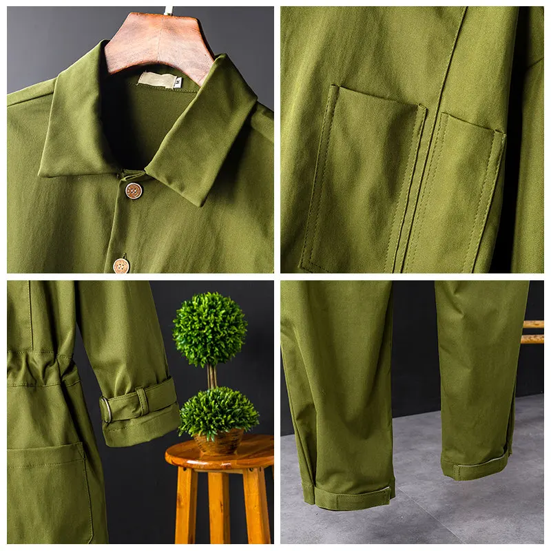 

2019 Autumn Men Black Green Long Sleeve Jumpsuit Mens Loose Bib Overalls Work Wear Male Bib Coverall Casual Long Cargo Pants