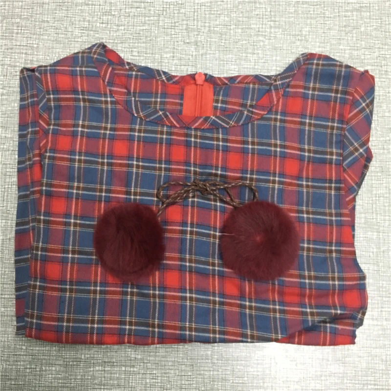 Kseniya Kids/осень ; хлопковая одежда для девочек; цвет красный, желтый; английский стиль; клетчатое платье с длинным рукавом и меховым бантом для маленьких девочек - Цвет: 005