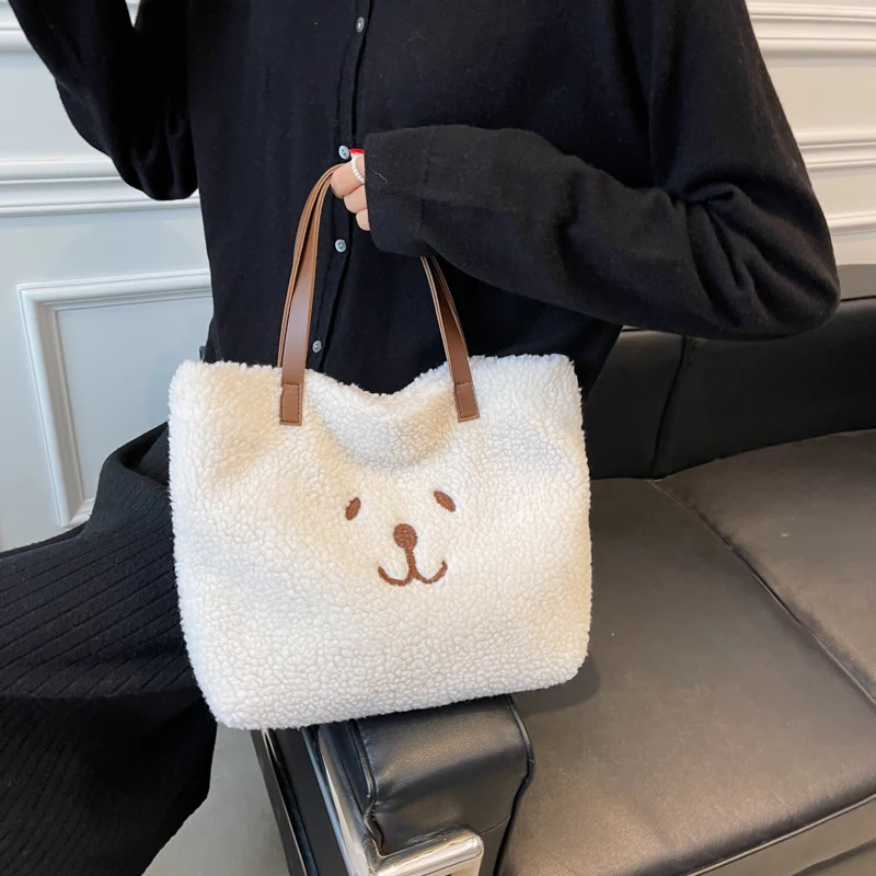 

Soft Plush Women Shoulder Bags Large Capacity Winter Furry Female Casual Tote Bag Cute Bear Girl Student Lamb Wool Purse Handbag