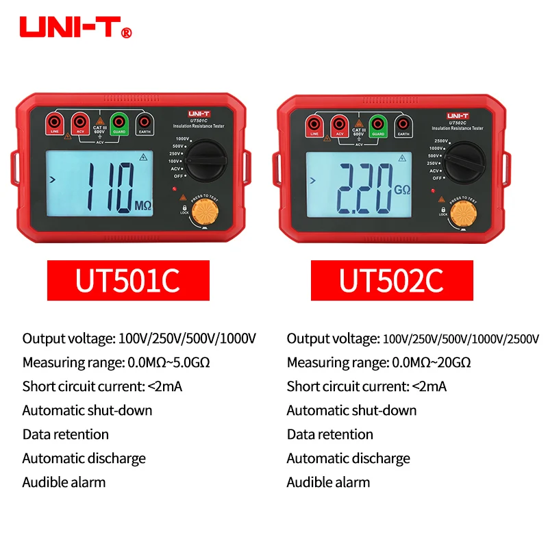 UNI-T Insulation Resistance Tester UT502C 250V 500V 1000V 2500V High Voltage Motor Cable Ohm Megommeter 20GΩ Digital Megohmmeter |