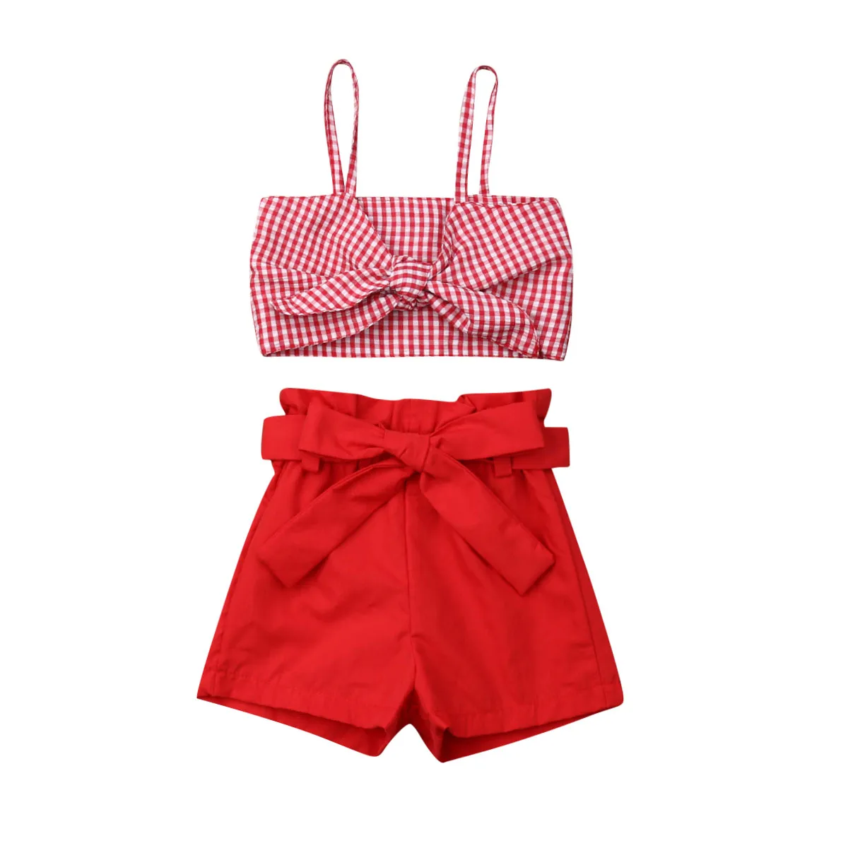 Cute Toddler Kids Girl Outfit Baby Bowknot Plaid Spaghetti Straps Sling Crop Tops Solid Color Shorts 2pcs Summer Clothing 1-6Y
