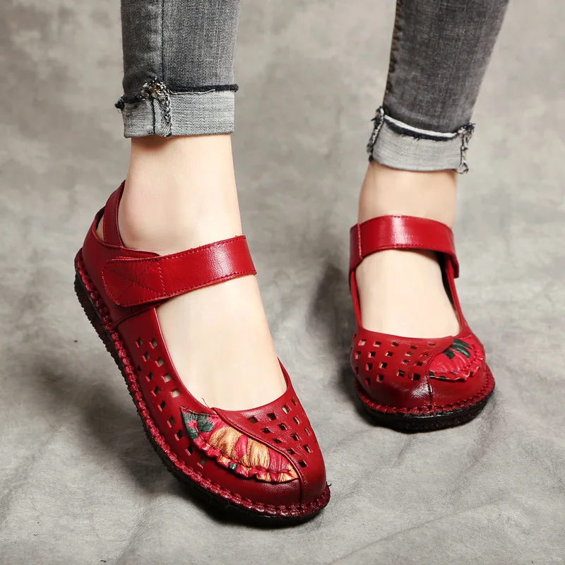 Сандалии женские из натуральной кожи мягкие босоножки с круглым носком на