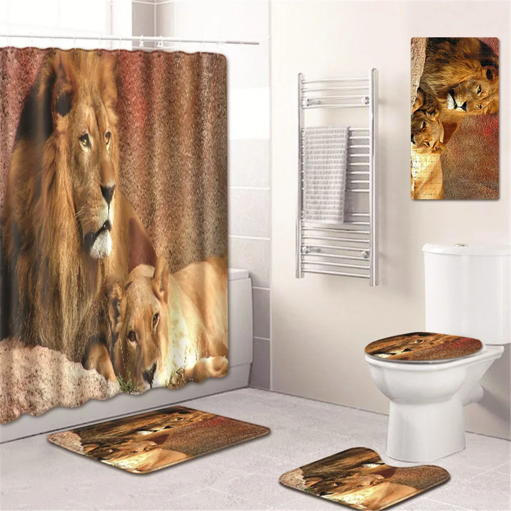 

Lion Shower Curtain Bathroom Mat Toilet Cover Mat Non-Slip Household Mat Kitchen Pad Five-Piece Carpet bath mats bathroom