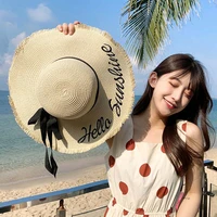 handmade weave letter sun hats for women black ribbon lace up large brim straw hat outdoor beach hat summer cap chapeau femme