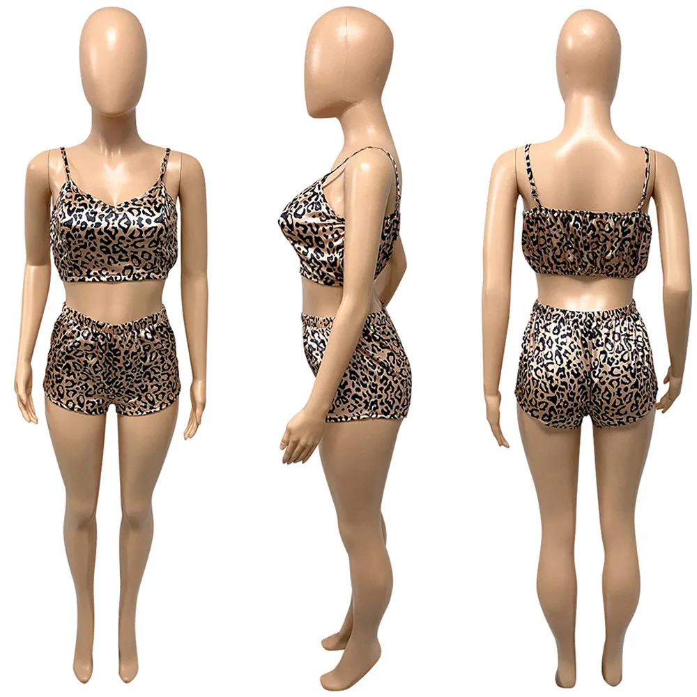 

Sexy Leopard Print Two Piece Club Outfits Home Suit for Women Spaghetti Strap Crop Tops and Low Waist Shorts Female Clothing