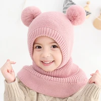 kids cap crochet double pompom hat scarf one piece girls winter hats warm wind proof baby hat