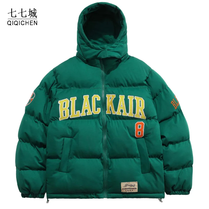 Down Padded Jacket Hooded Parka Men Letter Embroidery Hip Hop Streetwear Winter Casual Retro Outwear Warm Cotton Coat Women New | Мужская