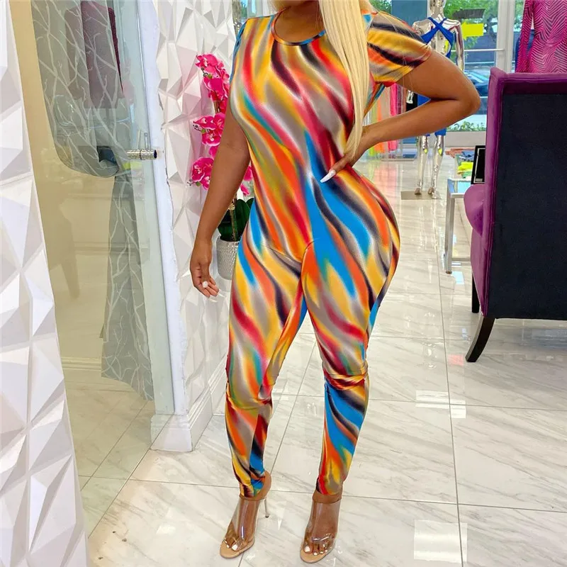 

YEYA Colorful Print Jumpsuits Summer Women Short Sleeve O Neck Sexy Open Back Pleated Bag Hip Skinny High Street Nightclub