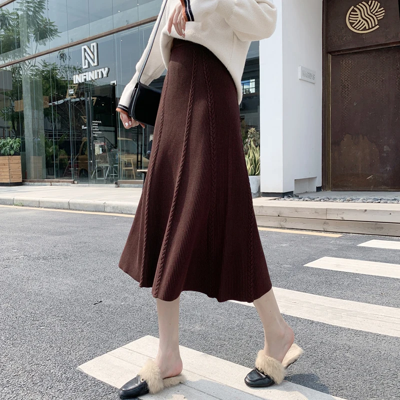 Зимняя женская Плотная юбка-свитер с эластичной высокой талией плиссированная