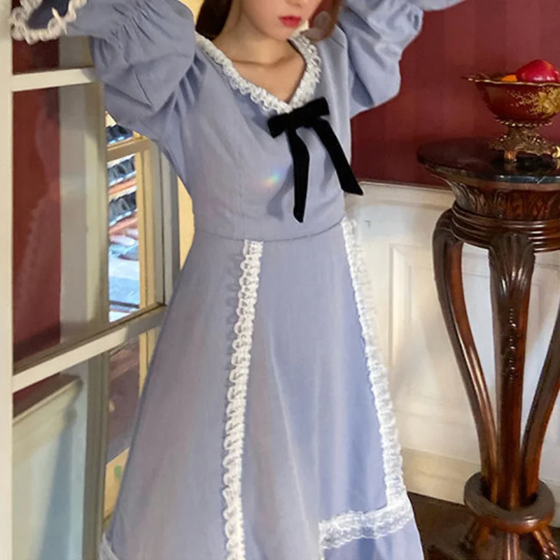 

HOUZHOU Elegant Dress Women Lace Bow Patchwork Vintage Long Sleeve Dresses Ruffle Fairy Sweet Spring Autumn Outfits Loose Casual