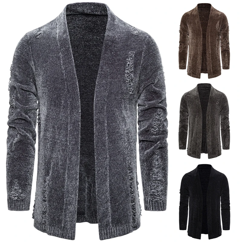 Мужская Уличная одежда плотный теплый длинный кардиган с дырками ветровка