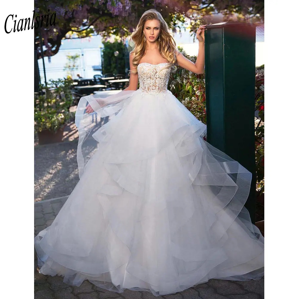 

Сексуальное бальное платье без бретелек с открытой спиной, свадебные платья с многоярусной юбкой, кружевные Асимметричные Свадебные плать...