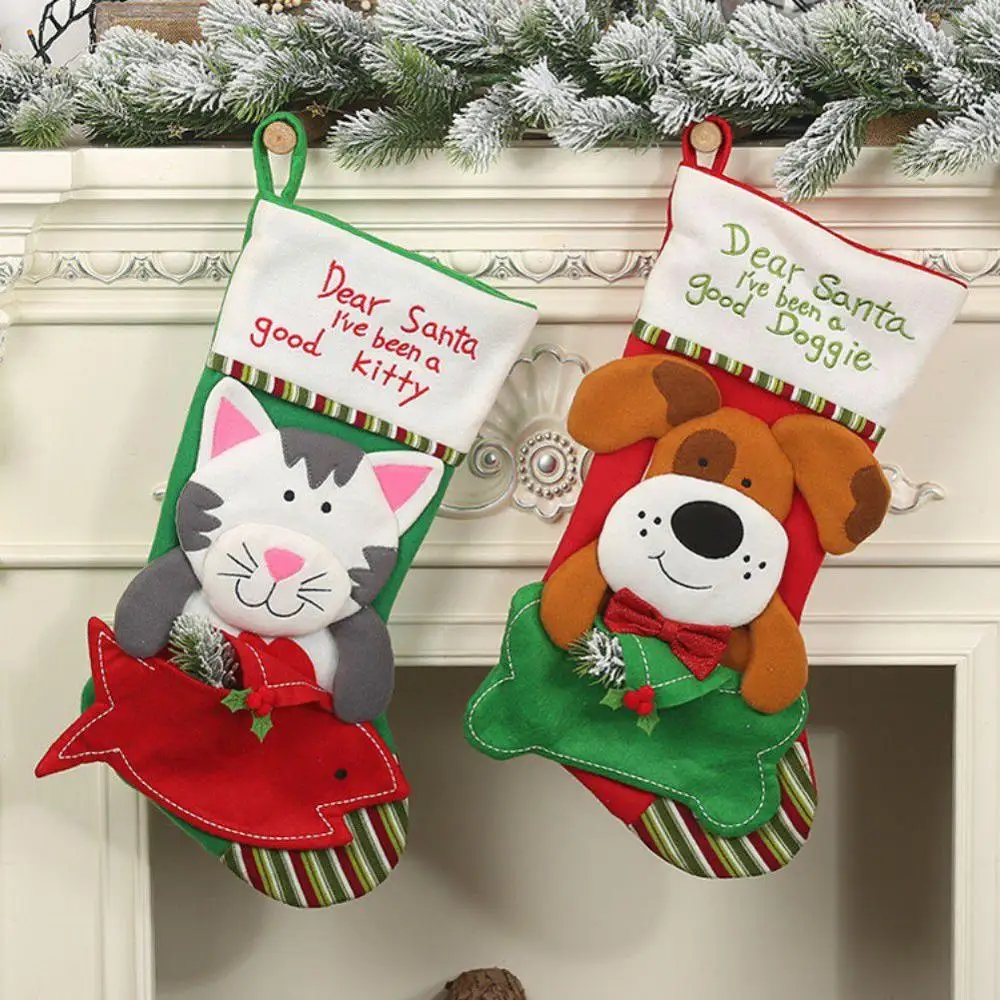 

Christmas Stockings Socks Cat Dog Elk Navidad New Year Candy Bag Christmas Decorations Xmas Tree Ornaments Party Gift Bags