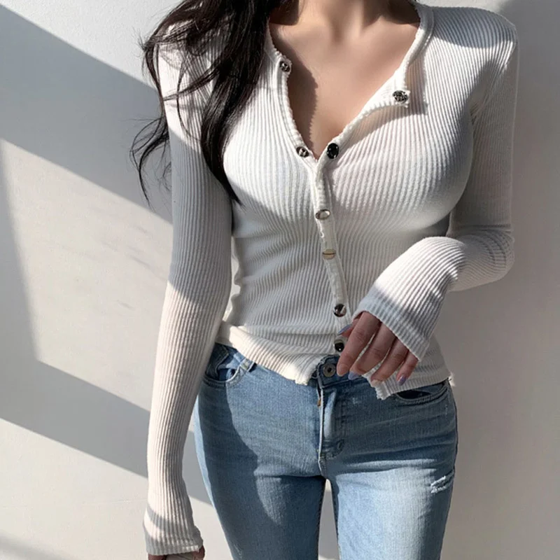 

Kywommnz 2021 Spring Autumn Thin T-shirt Women Single-breasted Cardigan Korean Tight Knitting Long Sleeve T Shirt E4410