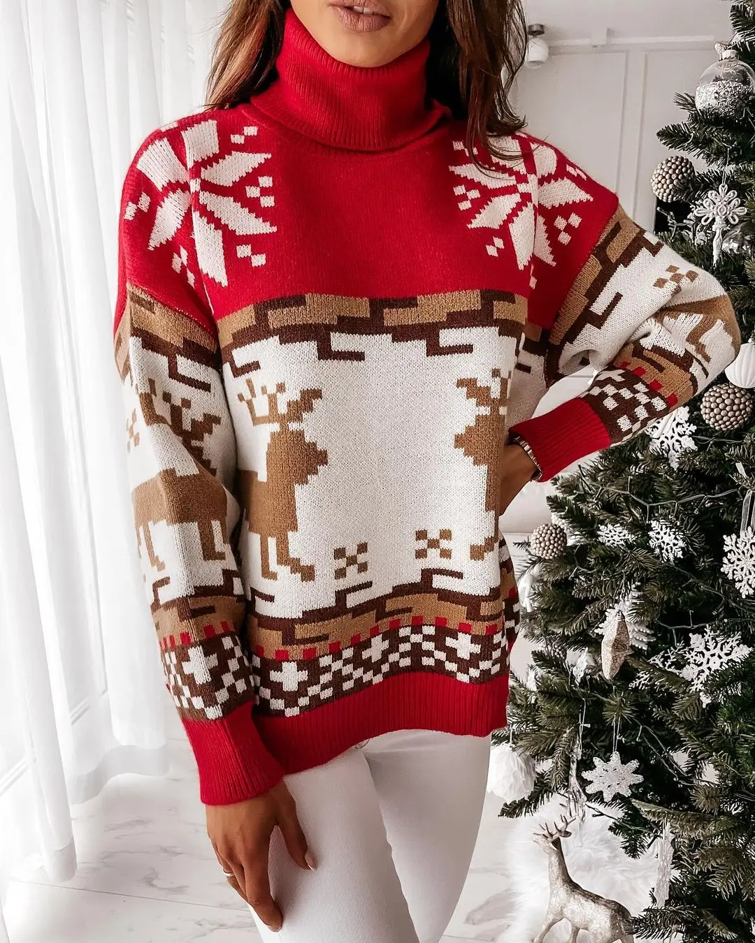 

Women Christmas Sweater Autumn Winter Warm Turtleneck Long Sleeve Elk Snowflakes Pattern Knit Pullover Top Knitwear Xmas Clothes