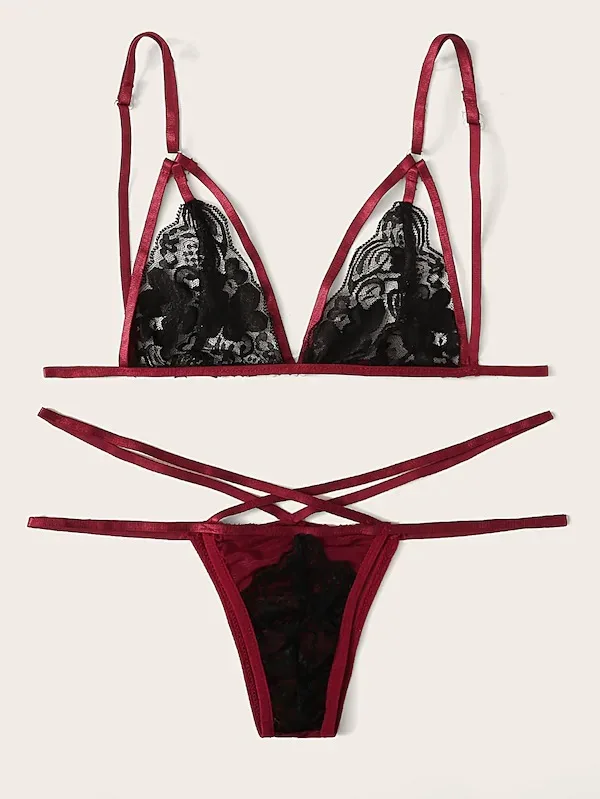 

2020 new hot wine red lace three-point strap sexy underwear hot sales