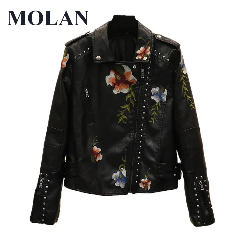 MOLA Embroidered Leather Jacket Women Zipper Locomotive Style Long-Sleeved Leather Top Female Short PU Jacket Bomber Top ladies pu leather jacket locomotive ladies zipper belt short jacket female black punk bomber faux leather outerwear