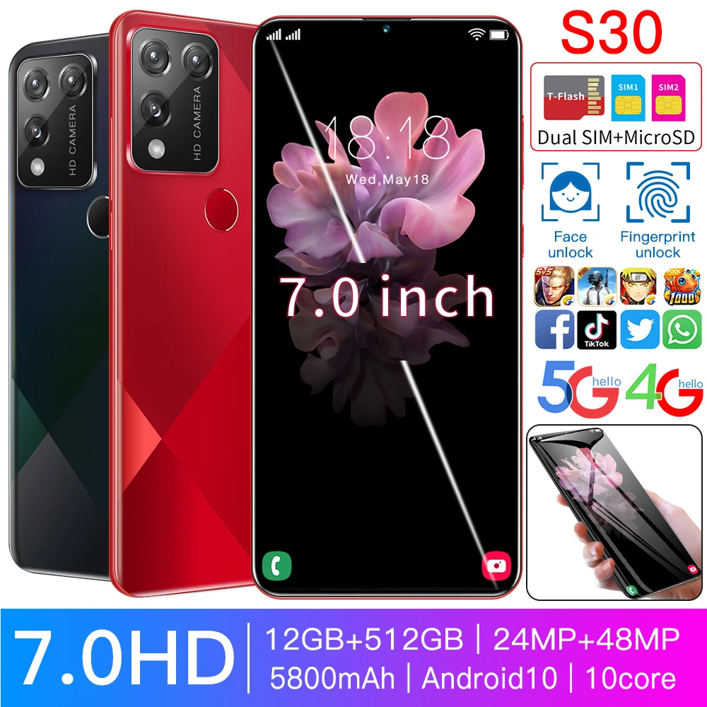 

Galay S30 Ultra Smartphone 7.0 Inch 4G 5G 24+48MP Network Octa Core 12GB 512GB Global Version Andorid 10.0 Unlock Mobile Phones