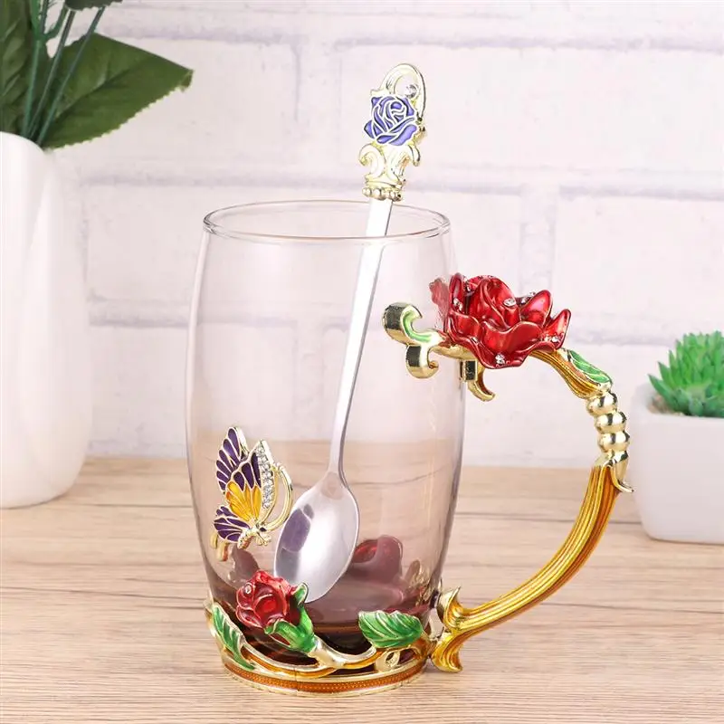Цветная стеклянная чашка для чая с эмалью украшенная розами кофейная кружка