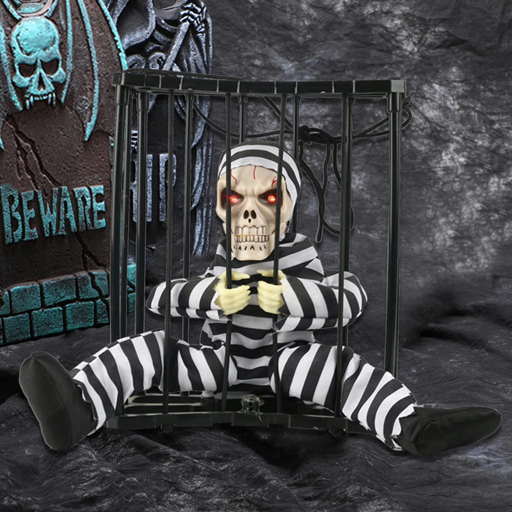 

Halloween Skeleton Death Prisoner Motion Sensor Eyes Glowing Screaming Cage Ghost Toys Holiday DIY Decorations