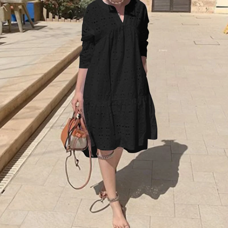 Celmia Elegant Cotton Embroidery Women's Dress Ruffled Korean White Dress New Sexy V-neck Hollow Party Vesridos Plus Size