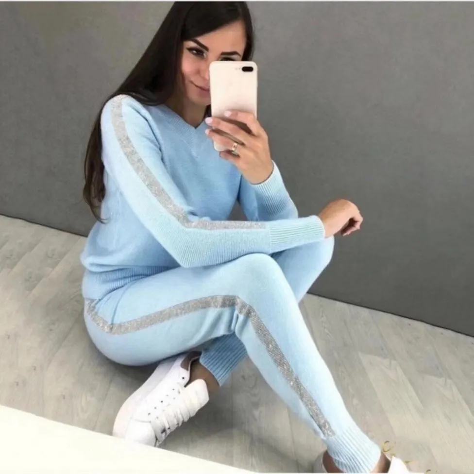 Осень 2019 зимний теплый вязаный комплект спортивная одежда с v образным вырезом