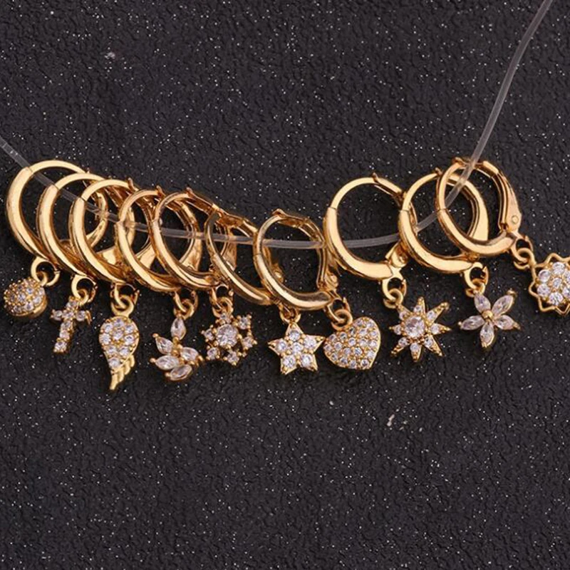 1pc Small Hoop Earrings for Women CZ Heart Star Flower Cross Wing Sunflower Geometric Hoops Gold Silver Color Jewelry Earing