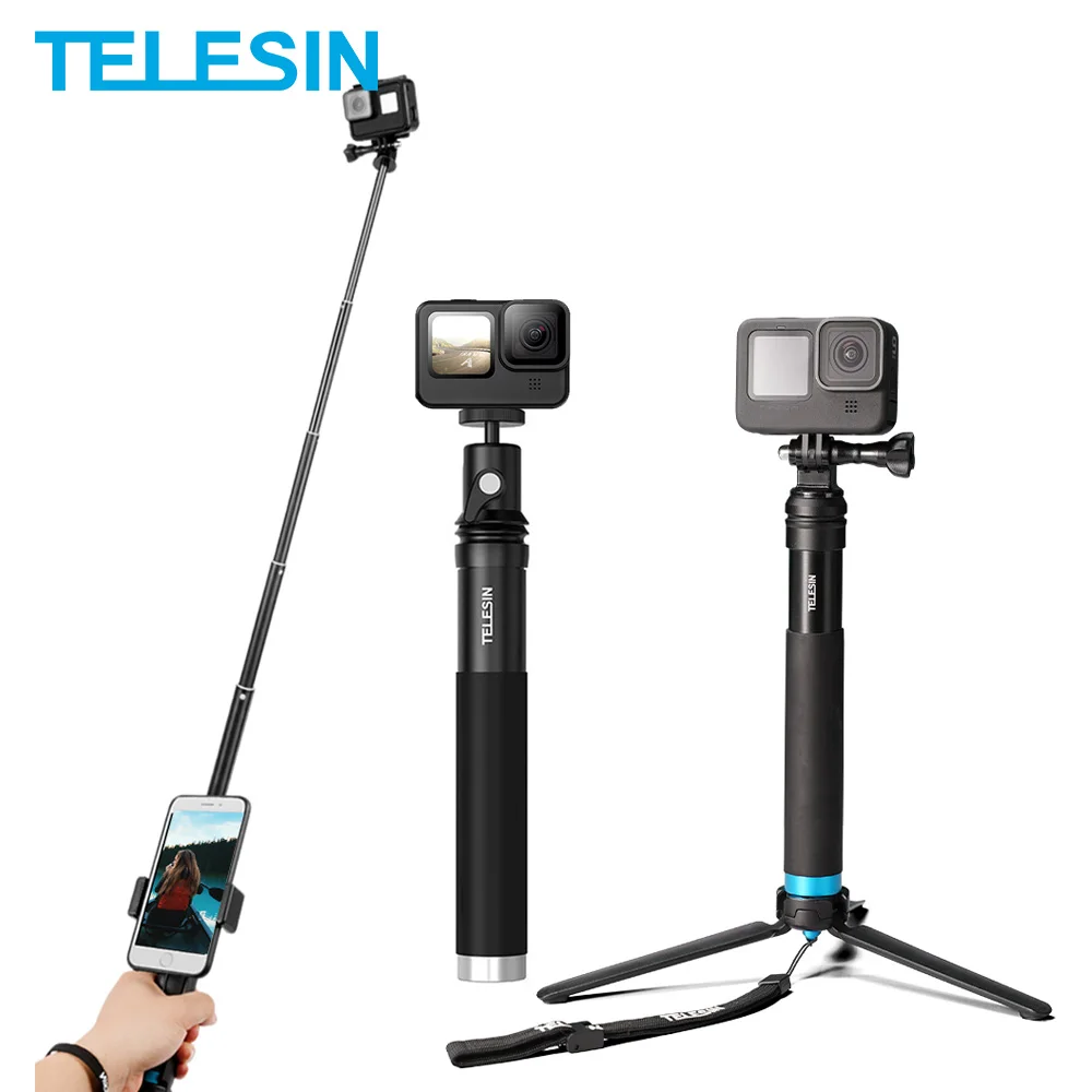 TELESIN 6 in 1 Extendable Aluminum Alloy Selfie Stick 360 Rotate + Detachable Tripod Mount Phone Holder for GoPro Insta360 SJCAM