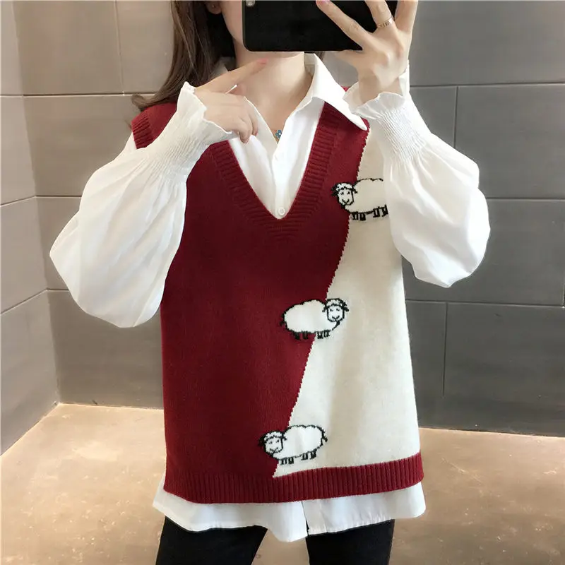 

Sweater Waistcoat 2021 Spring Autumn Women's Temperament Commuter Korean Sheep Jacquard Color Matching V-Neck Knitted Vest M127