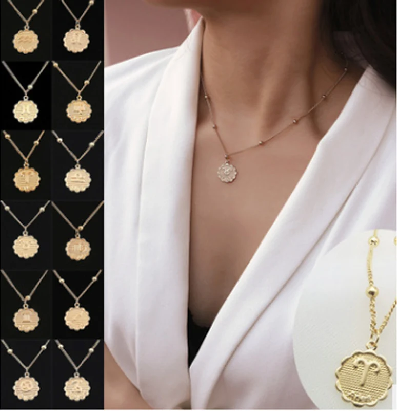 12 созвездий Зодиак ожерелье до ключиц монета круглый круг золотой цвет кулон