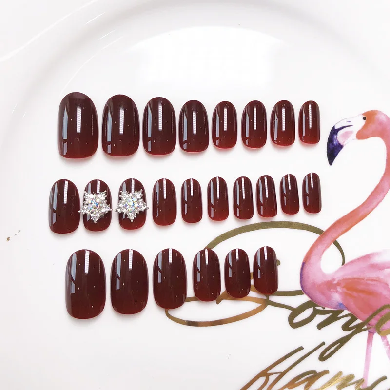 24 шт блестящее красное вино накладные ногти полное покрытие сверлильное кольцо с