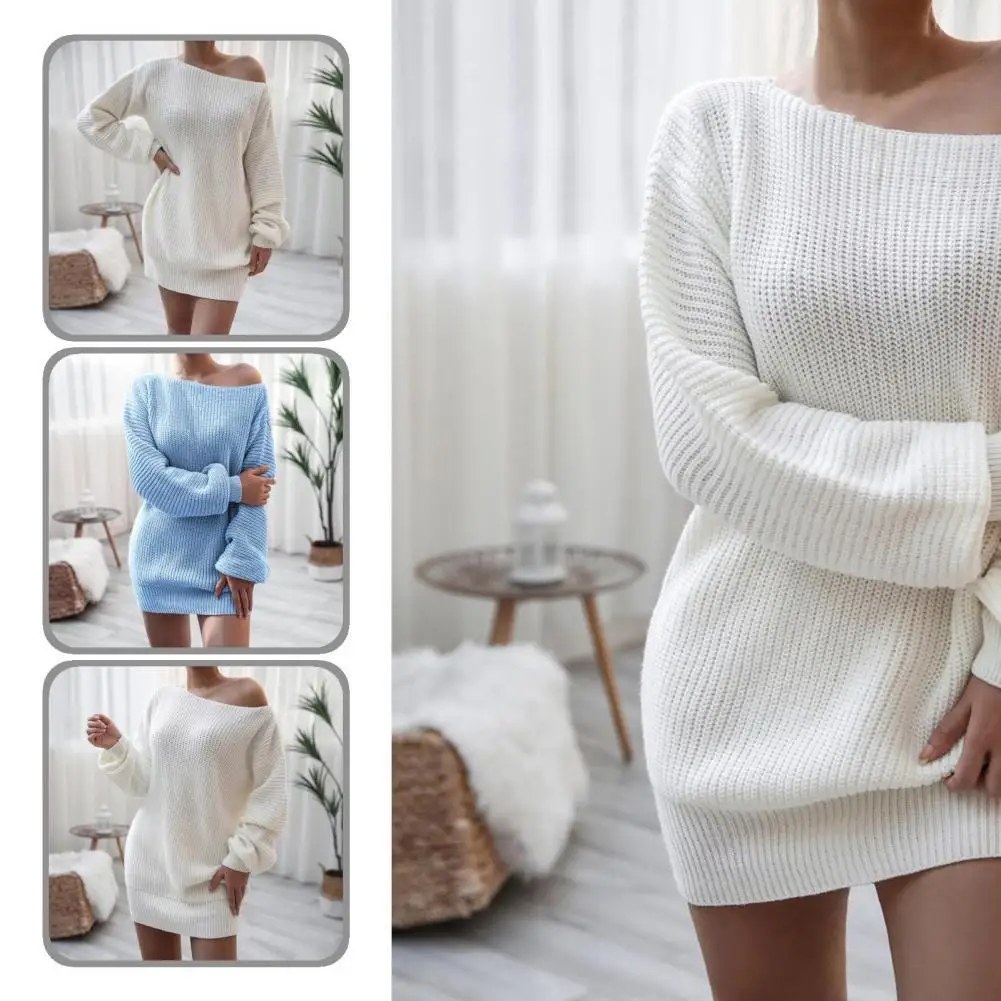 

Осенне-зимнее простое платье с открытыми плечами и воротником-лодочкой, сексуальное осеннее платье, однотонное для повседневной носки