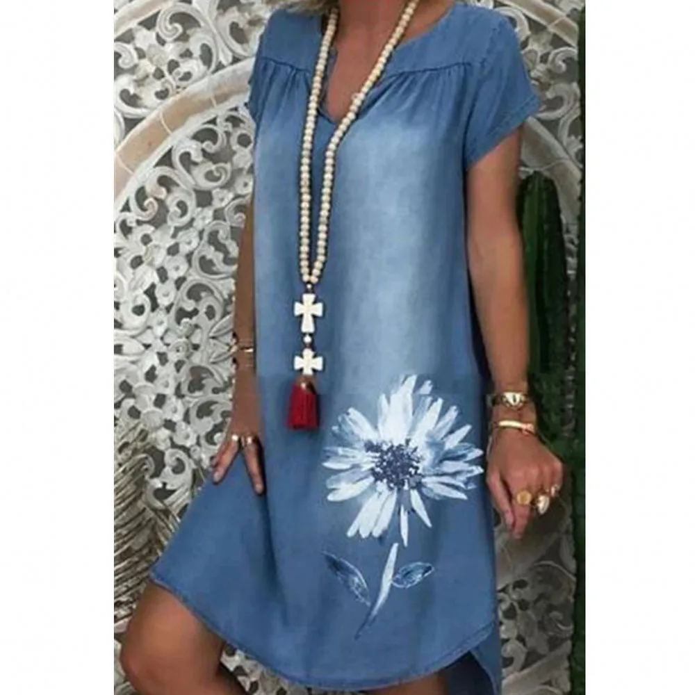 Платье с коротким рукавом синяя джинсовая юбка большого размера Повседневная