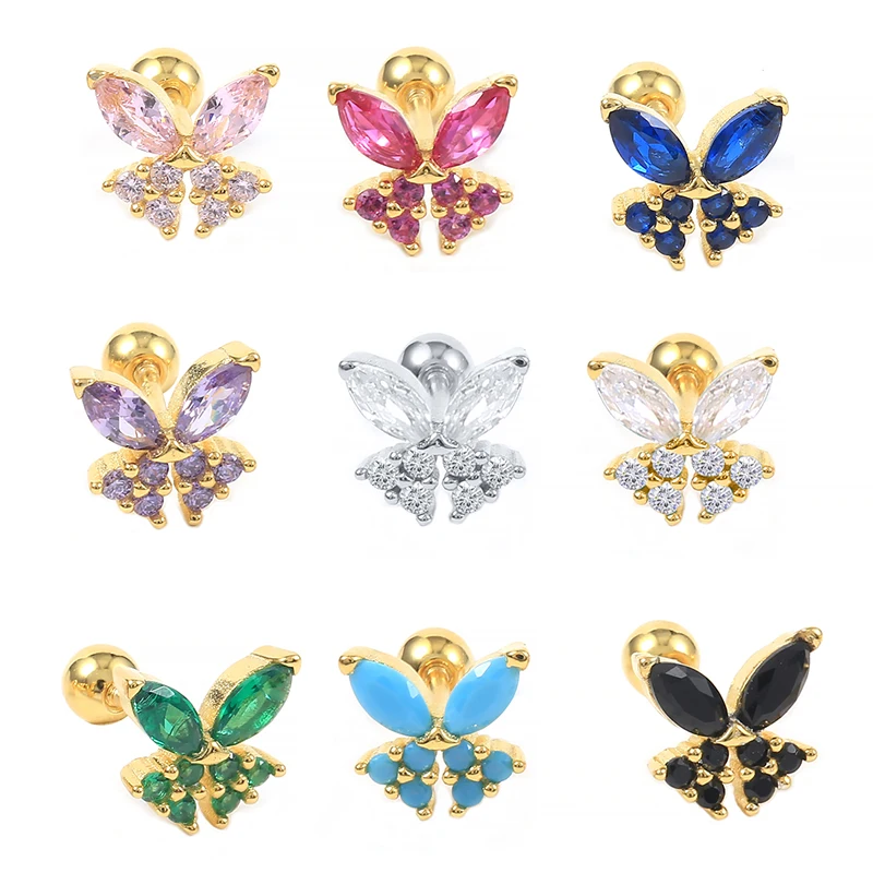 

Серьги-гвоздики женские из серебра 925 пробы с фиолетовыми/бирюзовыми бриллиантами и бабочками, тренд 2021