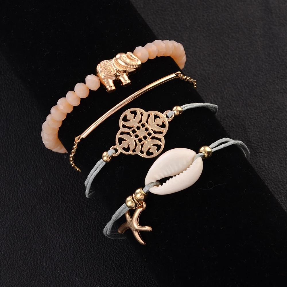 Набор браслетов Sindlan 4 шт. в богемном стиле с изображением слона ракушки и