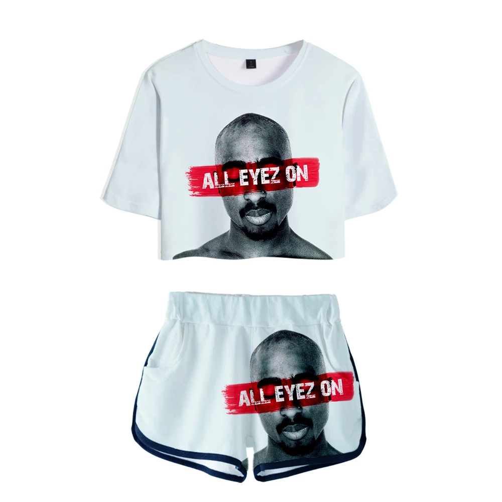 2pac Dew navel t shirt Two Pieces sets Women Fashion Clothes Famous singer 3D Print Piece Set+Short Pants Sports suit |