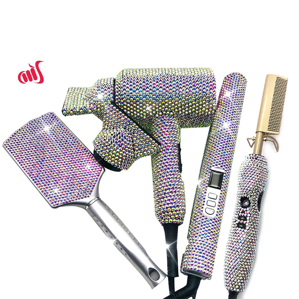4 Piece Hair Tools Set Crystal Hair Pressing Hot Comb Hair Blow Dryer Set  Bling Hot Tools Set for Hair Stylist