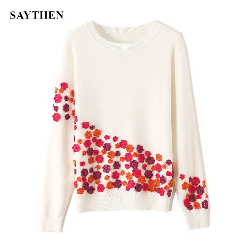 SAYTHEN Loose Sweater Woman New Spring Autumn White Embroidered Handmade Crochet Three-dimensional Flowers Jumper Tops