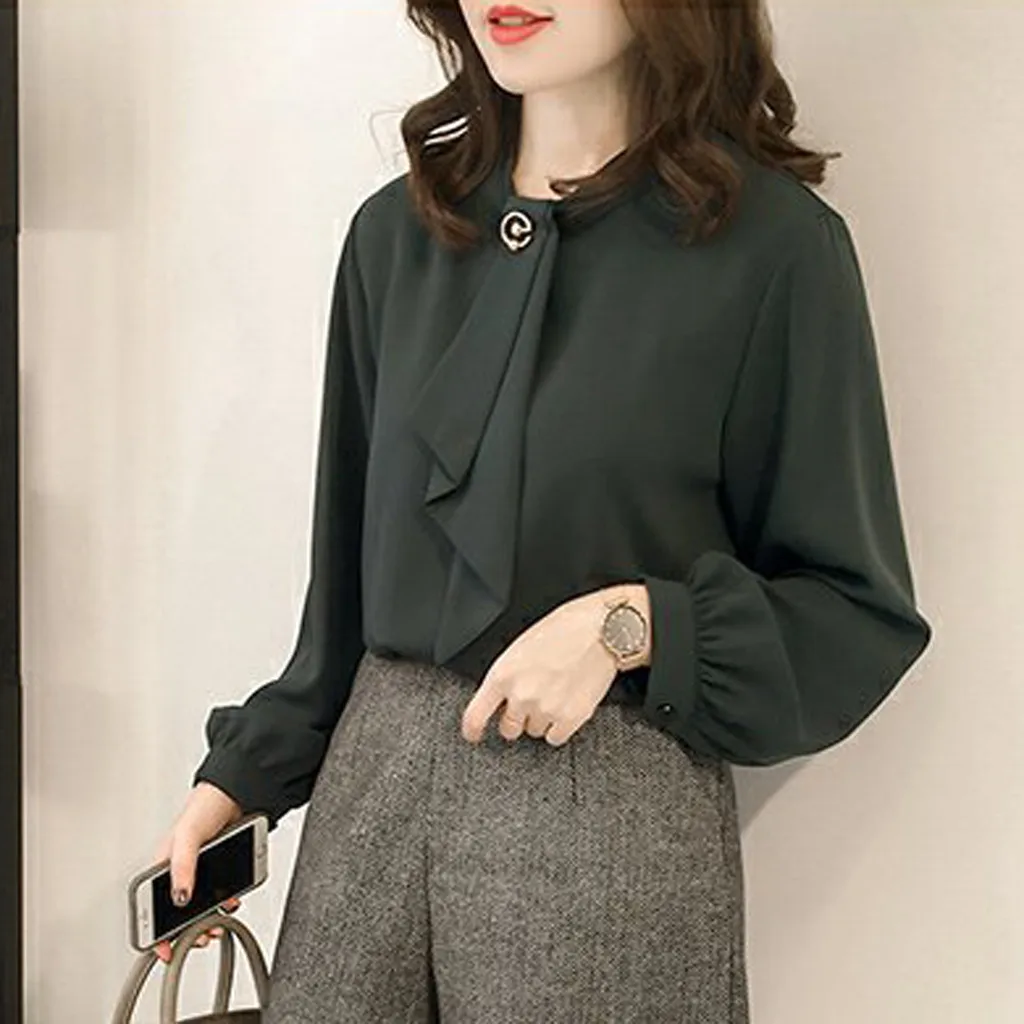 Женская шифоновая блузка с длинным рукавом фонариком и круглым вырезом|Блузки| |