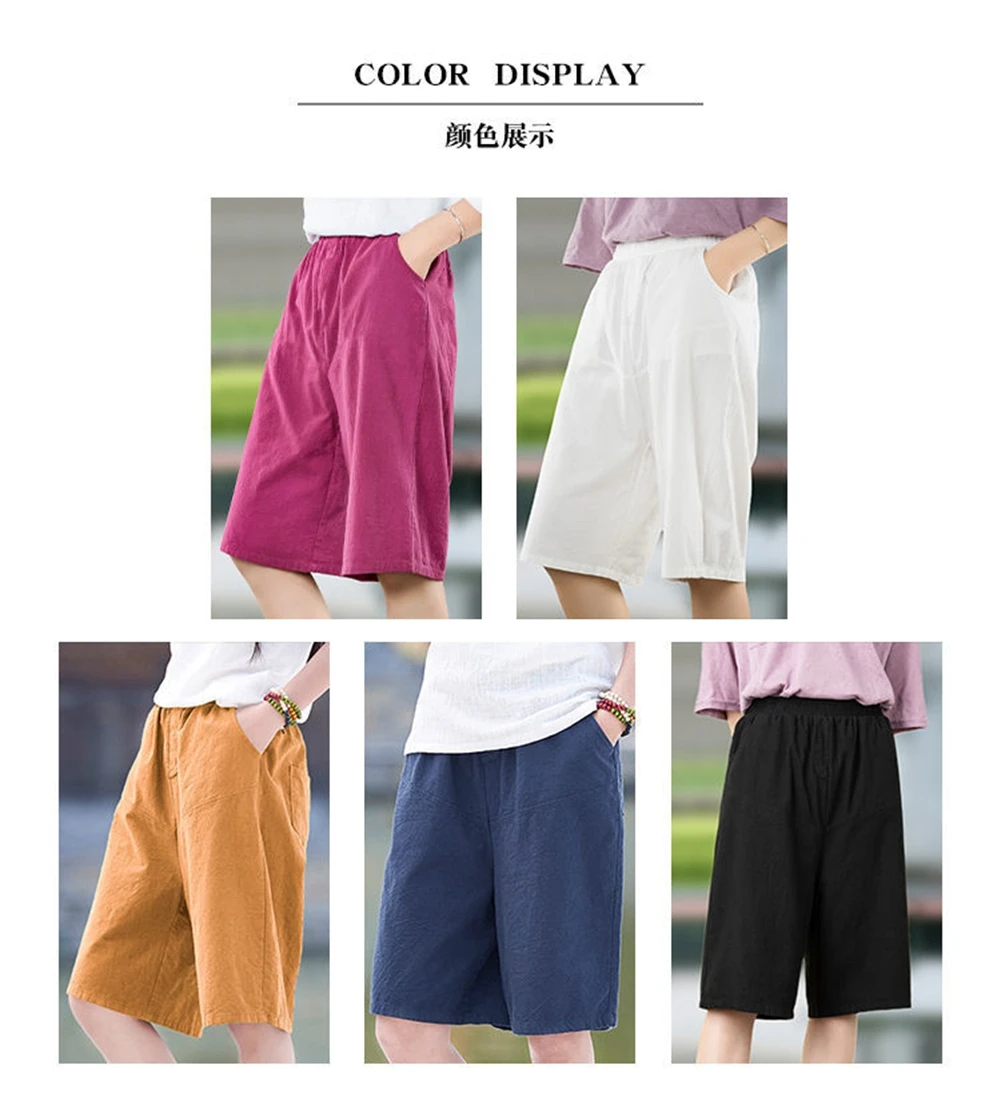 

Summer Cotton Linen Elastic Waist Loose Pants Woman Solid Pockets Sport Short Pants for Women Oversize Female Clothing Mujer