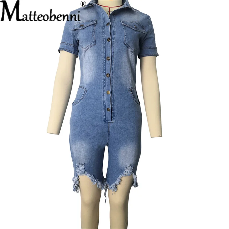 2021 Spring Summer Women Streetwear Denim Jumpsuits New Turn-Down Collar Single-Breasted Short Sleeve Skinny Rompers