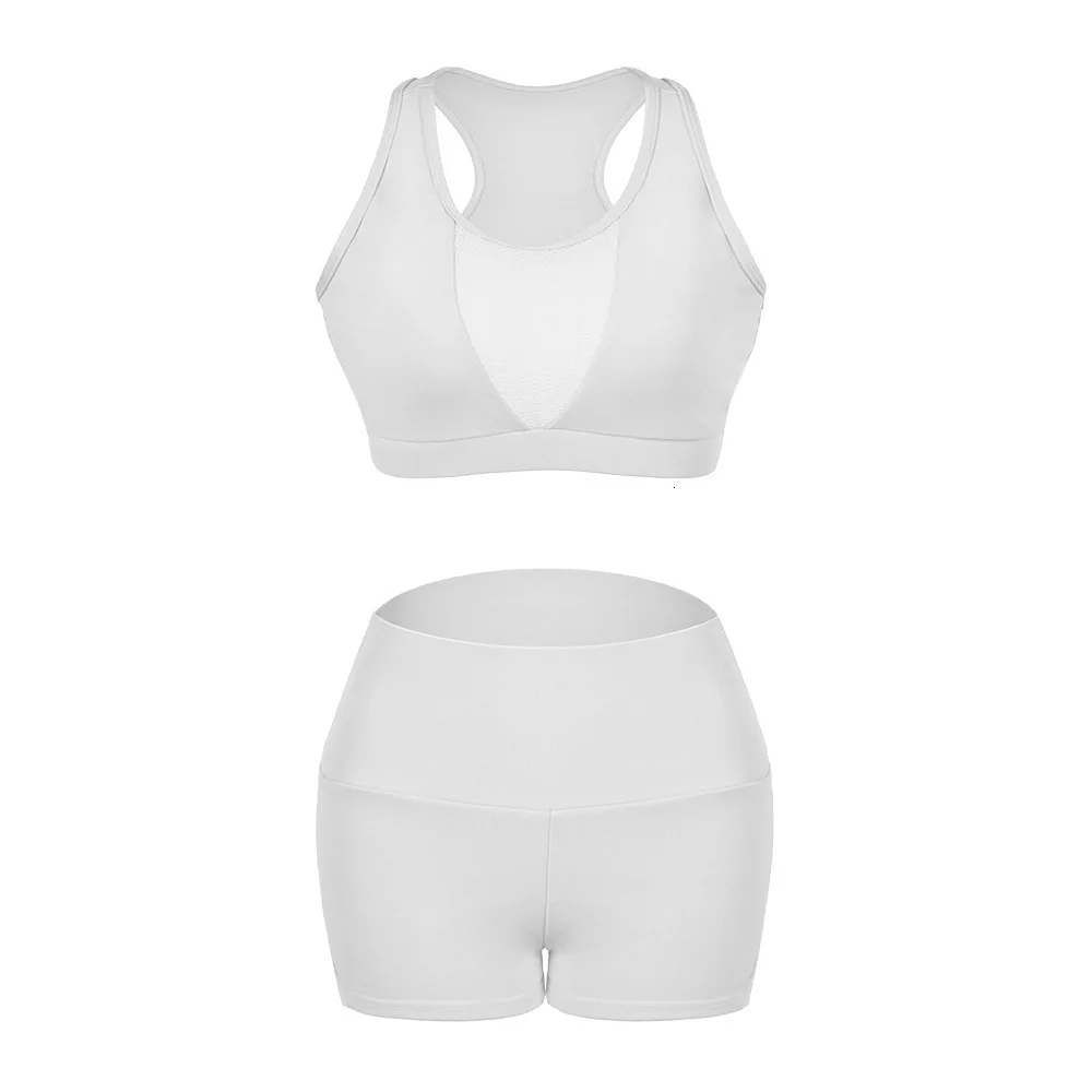 

2019 Yoga Set Women Mesh Crop Top Workout Sets Patchwork Fitness Short Gym sets 2 piece Running Sets Women Sportswear