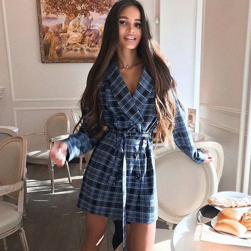 Клетчатый Блейзер платье Осенний женский двубортный с поясом запахом 2019 осень |