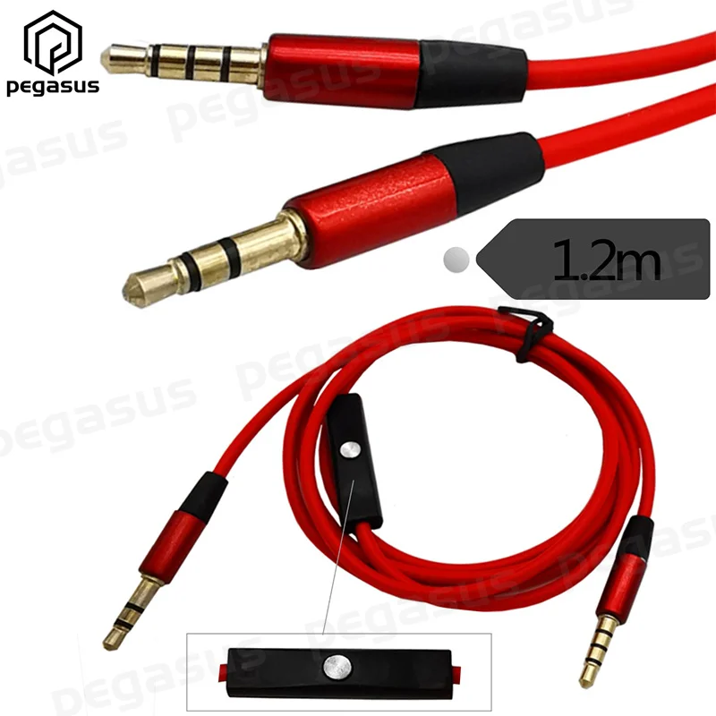 

AUX DC 3.5mm 4-Poles to 3-Poles Male to Male Audio Cable Cord Wire With in Line Microphone Red Cable 1.2m
