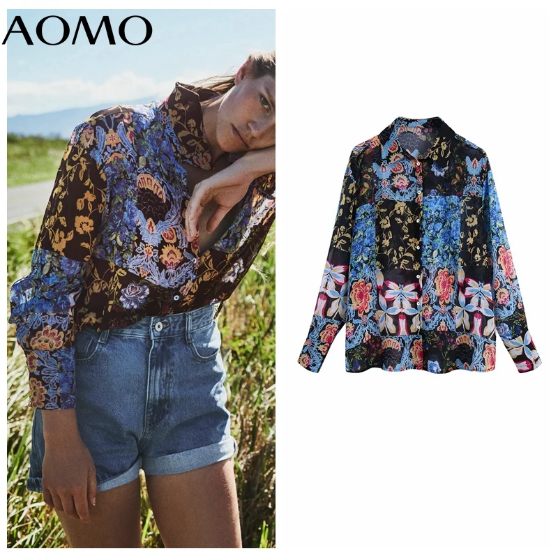 

AOMO Women Vintage Flowers Print Shirt Long Sleeve 2021 Chic Female High Street Loose Shirt BE355A