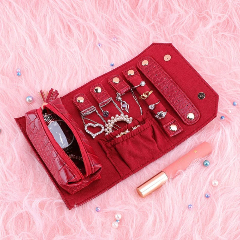

Portable Travel Jewelry Organizer Box Roll PU Leather Jewellery Storage Pouch for Rings Earrings Necklaces