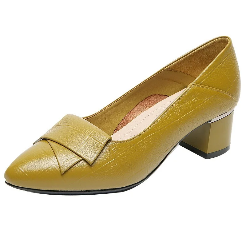 

Genuine Leather Women's Chunky Shoes 2021 New Square Plaid 5CM Mid-heel Single Shoes Womens Pointed High Heels Female Pumps