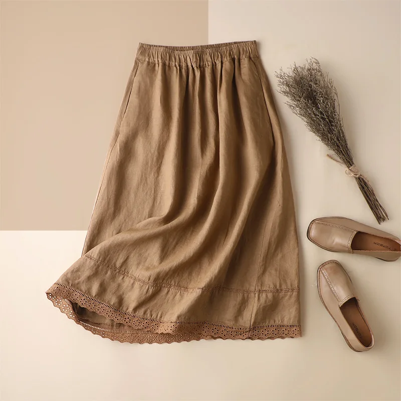 

SHUCHAN Young Style Linen Patchwork Lace Long Brown Skirt Solid A-Line Mid-Calf Women Clothes Women Clothes