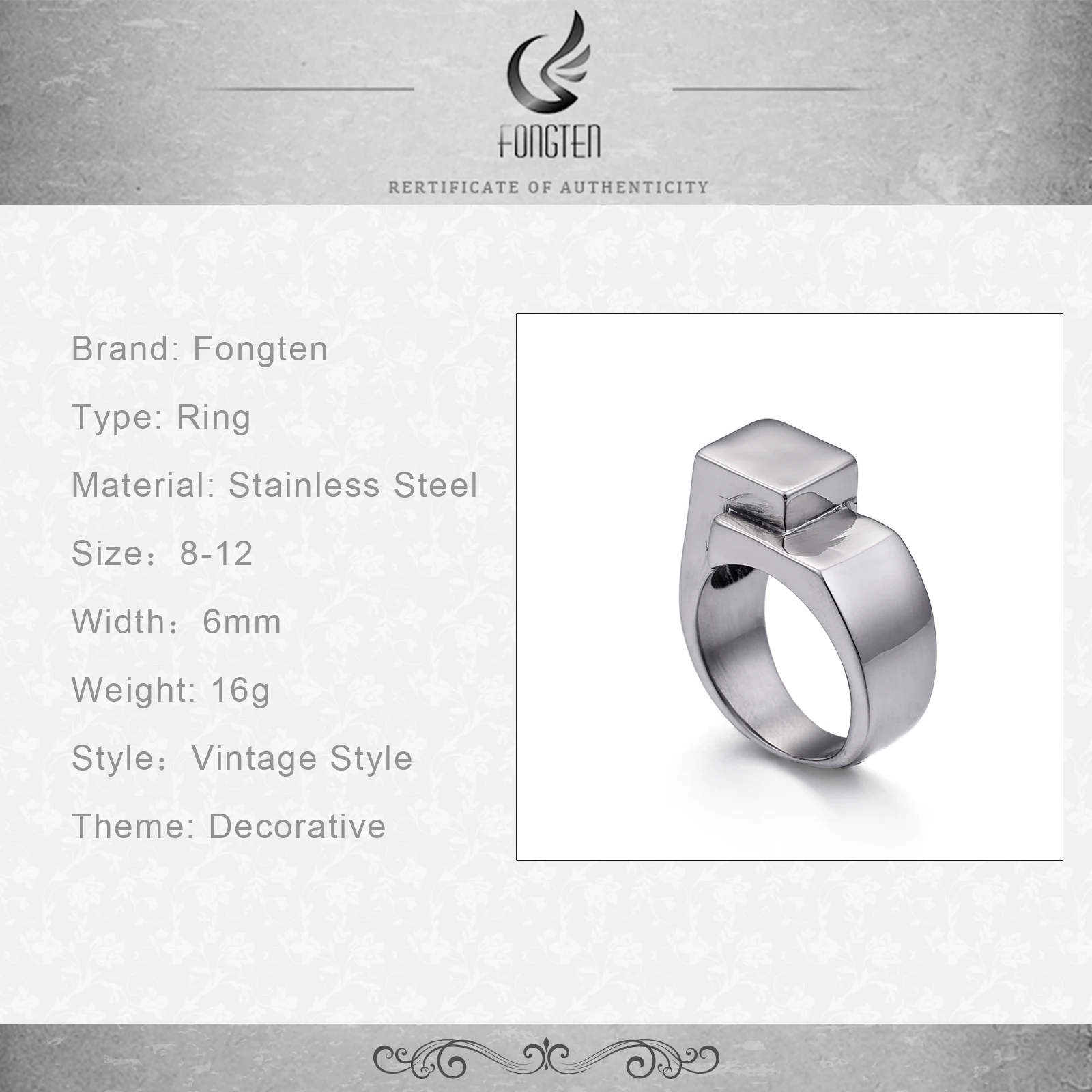 Мужское и женское кольцо Fongten полированное из нержавеющей стали в стиле