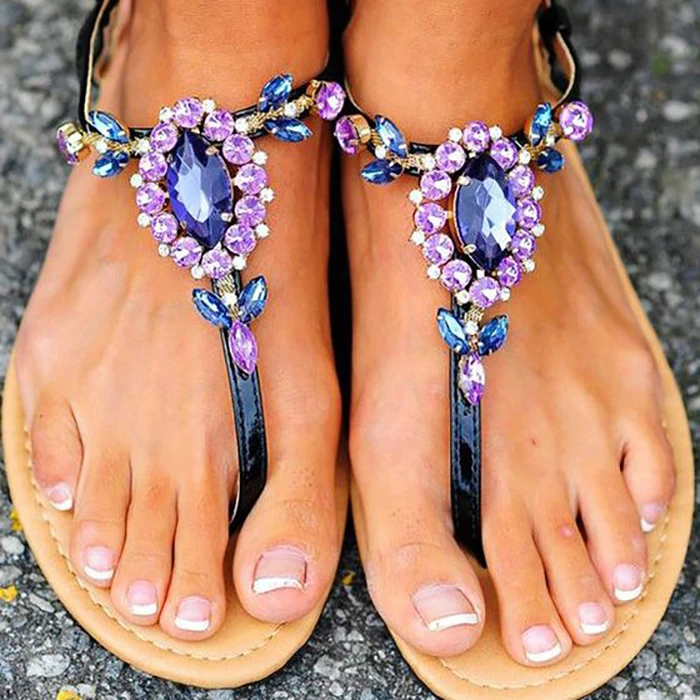 

ASHIOFU Handmade Girls Flat Sandals G-strap Rhinstones Jewelry Summer Shoes Casual Back-to School Fashion Sandals Shoes